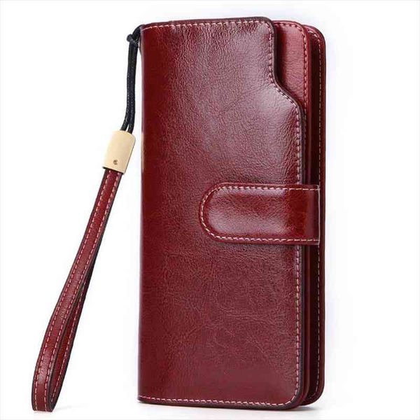 

genuine leather womens wallet long female oil wax zipper wristband clutch ladies multi card money coin purses, Red;black