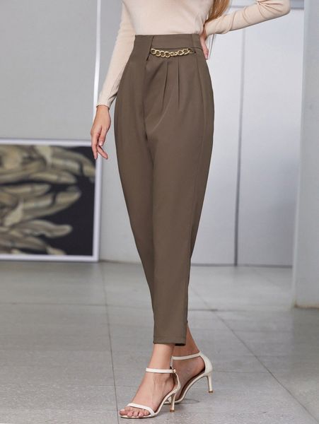 

chain detail high waisted carrot pants n7kr#, Black;white