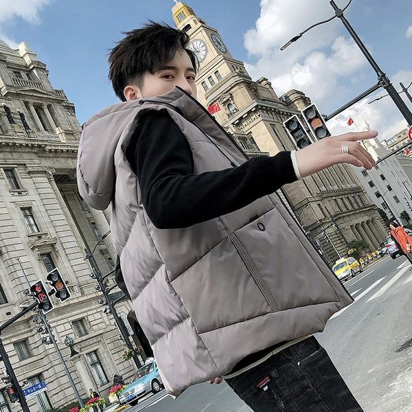 

men's vests men winter hat down vest casual waistcoat sleeveless jackets male hooded outwear warm coats windproof cotton, Black;white
