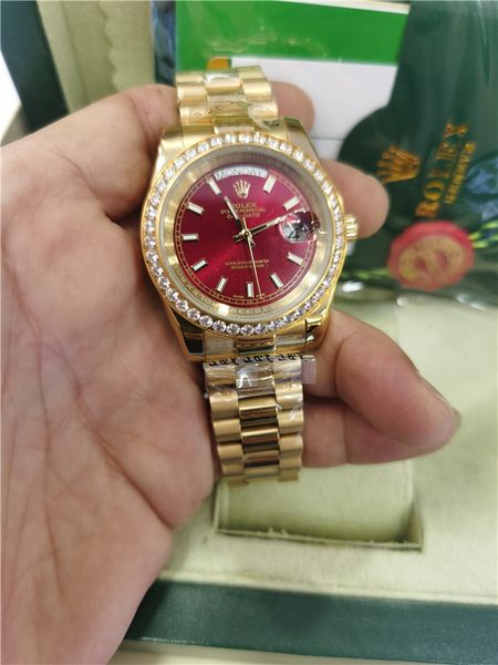 

with original box luxury watches 41mm mens 18k yellow gold red dial bigger diamond automatic fashion brand men's watch wristwatch, Slivery;brown