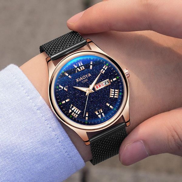 

wristwatches men perpetual calendar fashion watch for luminous quartz wrist relogio masculino stainless steel, Slivery;brown