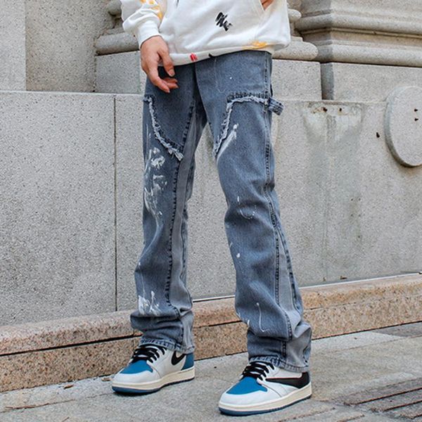 

men's jeans flared men retro patchwork streetwear skateboard baggy male fashion blue hip hop harajuku denim pants loose