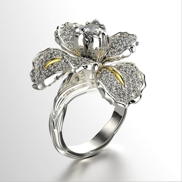 

wedding rings luxury female iris flower engagement ring for women pave blue zircon silver color cocktail party jewelry, Slivery;golden