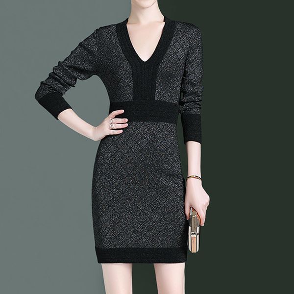 

dress party short mini rayon bandage plaid neck lurex bling black knitted p-202, Black;gray