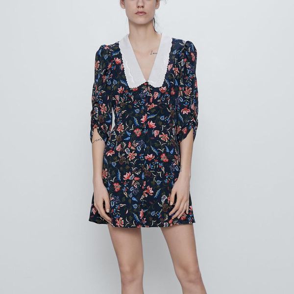 

casual dresses heydress 2021 spring women vintage print mini dress lady v-neck floral a-line party streetwear female puff sleeve vestidos, Black;gray
