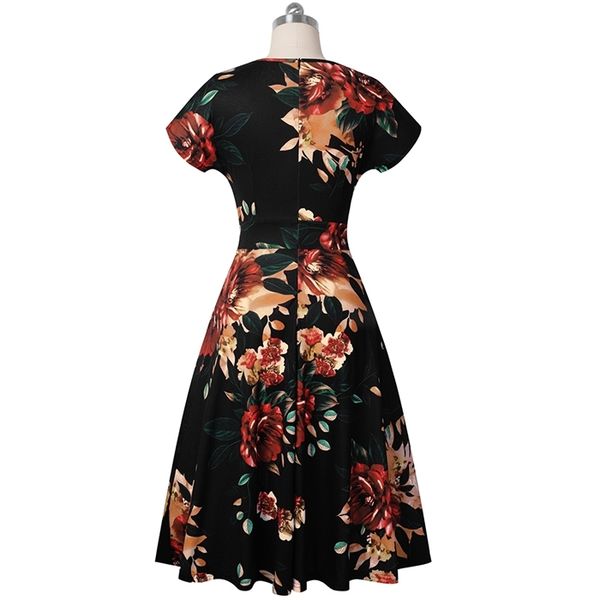 

nice-forever vintage elegant floral print pleated round neck vestidos a-line pinup business party women flare swing dress a102, Black;gray