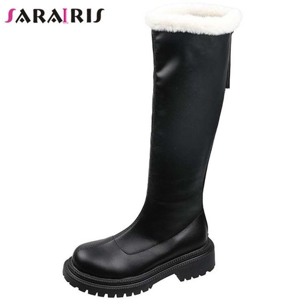 

boots sarairis solid platform zipper mid calf snow women chunky heel warm plush winter ladies shoes, Black