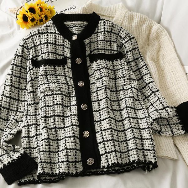 

women's knits & tees knitted cardigans woman vintage sweater korean plaid long sleeve women sweaters knit single-breasted outwear, White