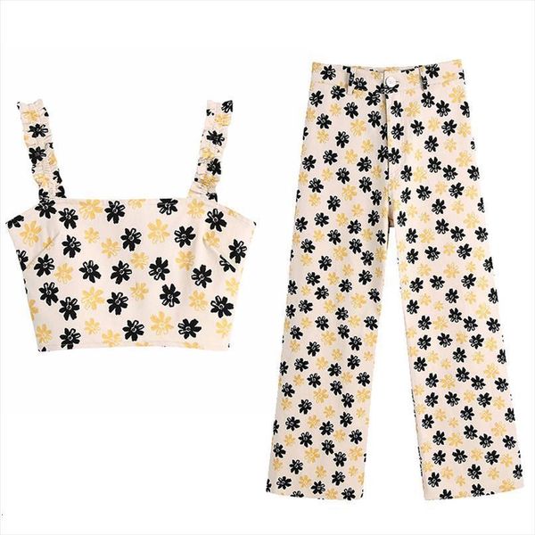 

2 pieces floral printed womens pants set cropped amp loose high waist trousers suit chic lady casual clothes, White