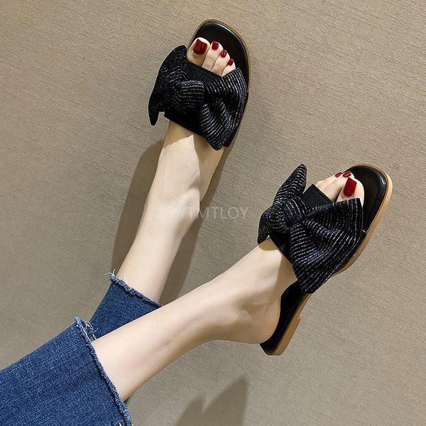 

2021 ladies slippers new indoor all-match women's shoes bowknot flat bottom slippers net red casual outdoor beach shoes female, Black