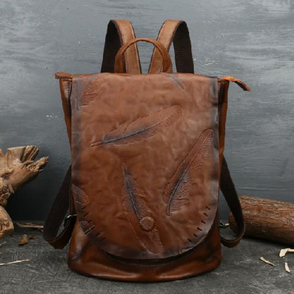 

backpack genuine leather women's bag retro embossed shoulder bags big travel