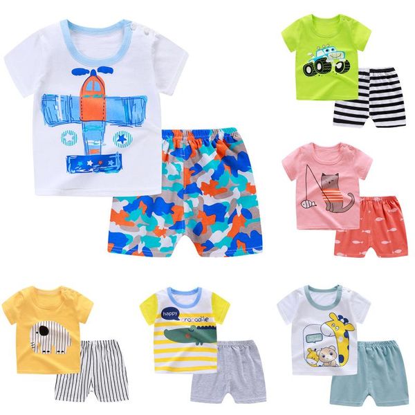 

clothing sets childern summer 2021 kids toddler baby boys girls short sleeve cartoon t-shirt+pants outfits set, White
