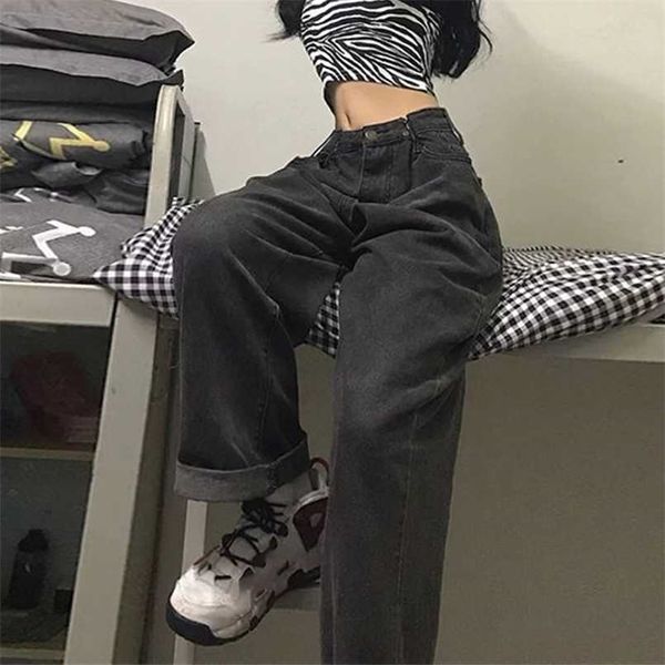 

women jeans vintage adjustable high waist bf oversize wide leg trousers summer baggy all-match streetwear retro chic jeans 211206, Blue