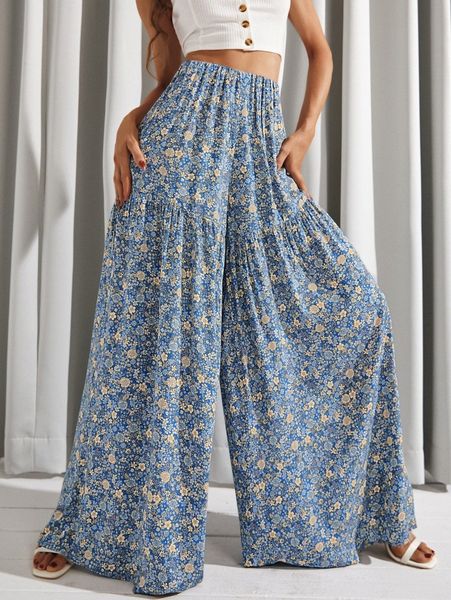 

luukse floral print high waist wide leg pants s5sd#, Black;white