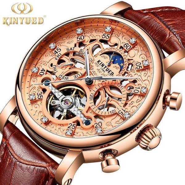 

wristwatches kinyued luxury tourbillon skeleton wrist watch men automatic mechanical watches rose gold calendar male clock reloj hombre, Slivery;brown