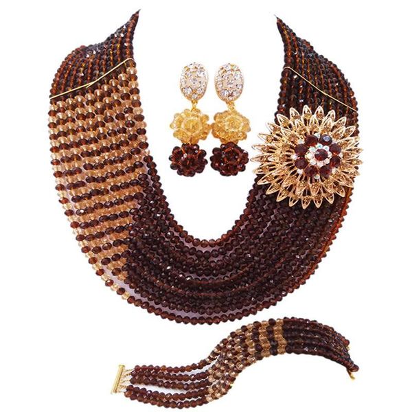 

earrings & necklace beautiful brown and champagne gold crystal bead african jewelry set nigerian wedding, Silver