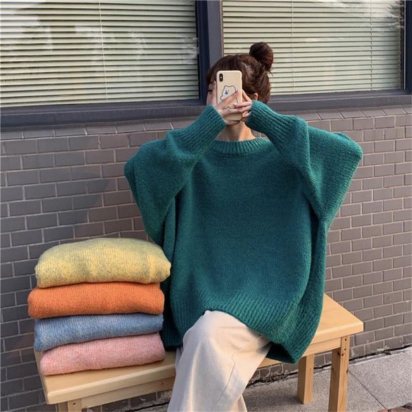 

women's sweaters loose lazy solid color candy japanese harajuku pullover round collor casual women sweater 2021, White;black