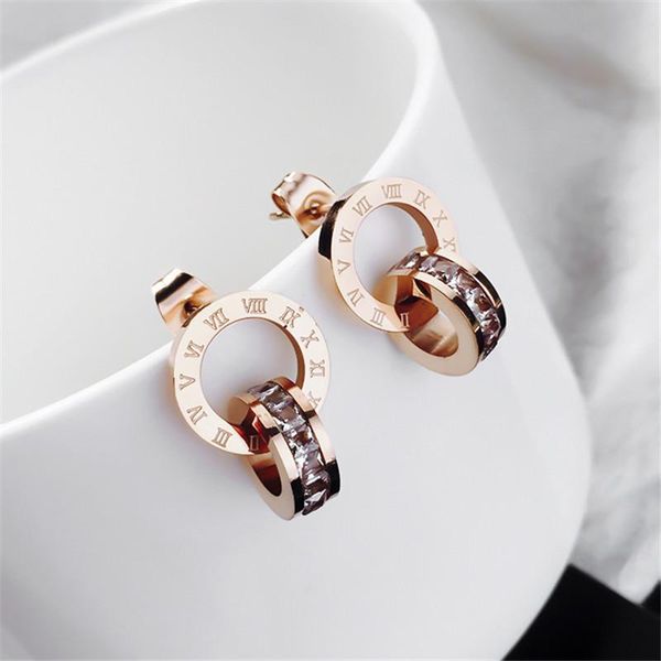 

stud yun ruo 2021 fashion zircoina inlay roman earring woman rose gold color titanium steel jewelry girl gift party never fade, Golden;silver