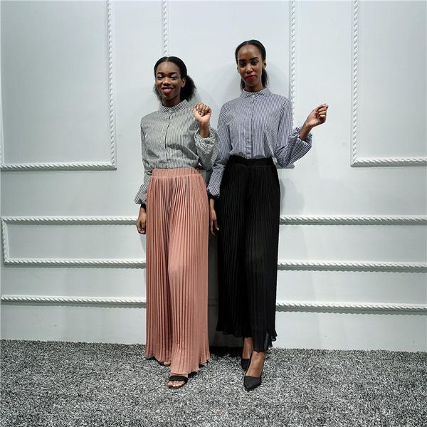 

women's pants & capris fashion muslim women chiffon pleated wide-leg high waist trousers, Black;white