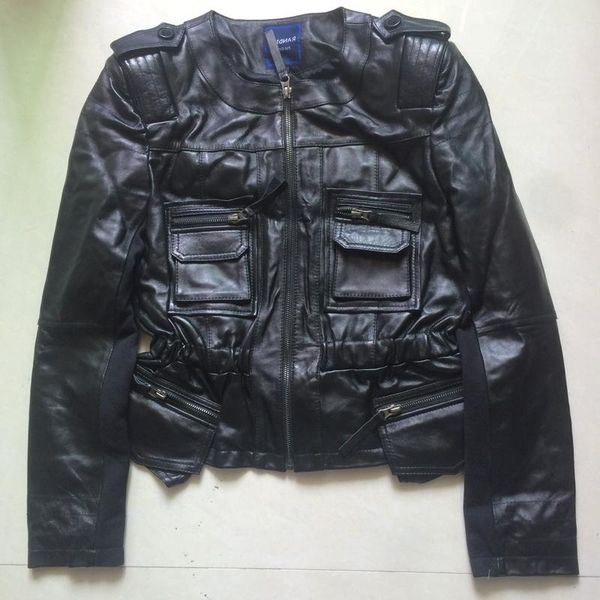 

women's leather & faux women factory real natural sheep skin genuine jacket fashion multi-pocket black slim short ladies biker jackets