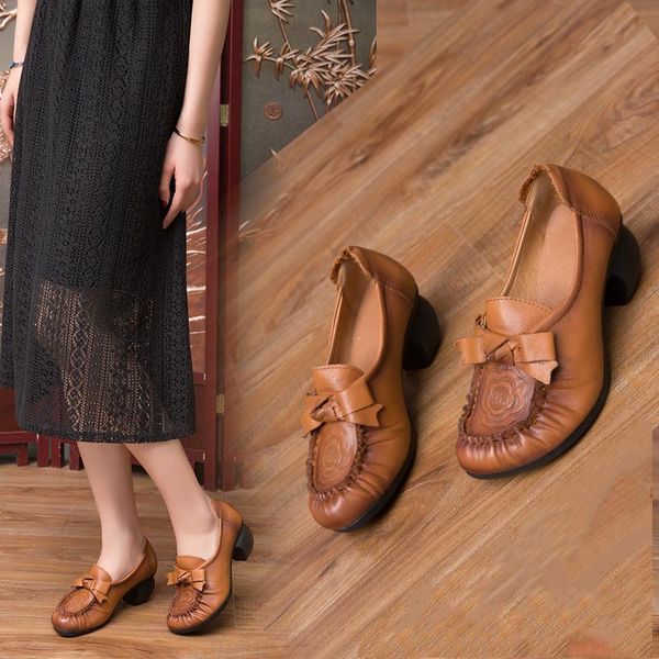 

dress shoes pleated genuine leather women spring autumn soft thick heel pumps round toe cow, Black