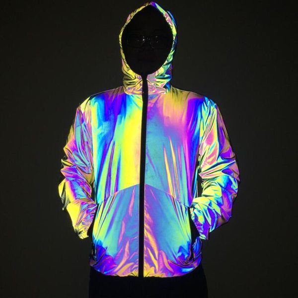 

autumn winter men night colorful reflective hooded jacket casual windbreaker man hip hop jackets and coats drop men's, Black;brown