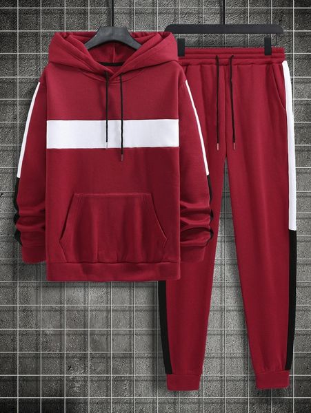 

men contrast panel drawstring hoodie & sweatpants n7qw#, Gray