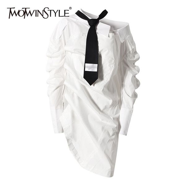 

irregular patchwork tie dress for women long sleeve white ruched elegant midi shirt dresses female fashion 210520, Black;gray