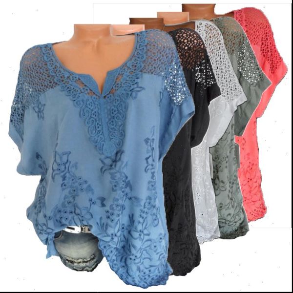 

women shirt embroidery blouse summer casual large size lace cotton shirts v neck bat sleeve plus, White
