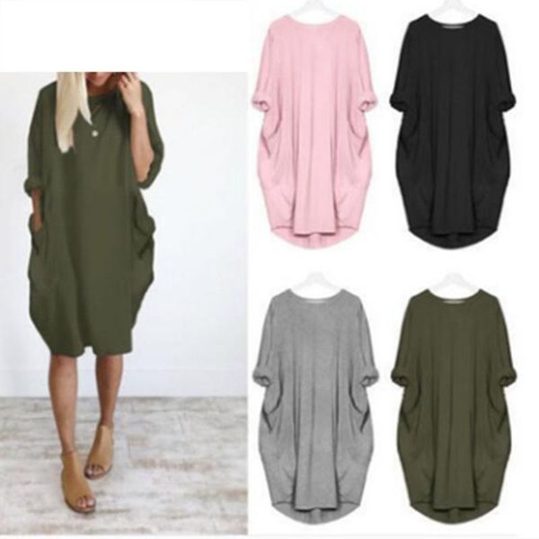

women dress autumn winter casual long sleeve loose round neck pullover oversized with pocket harajuku fashion dresses, Black;gray