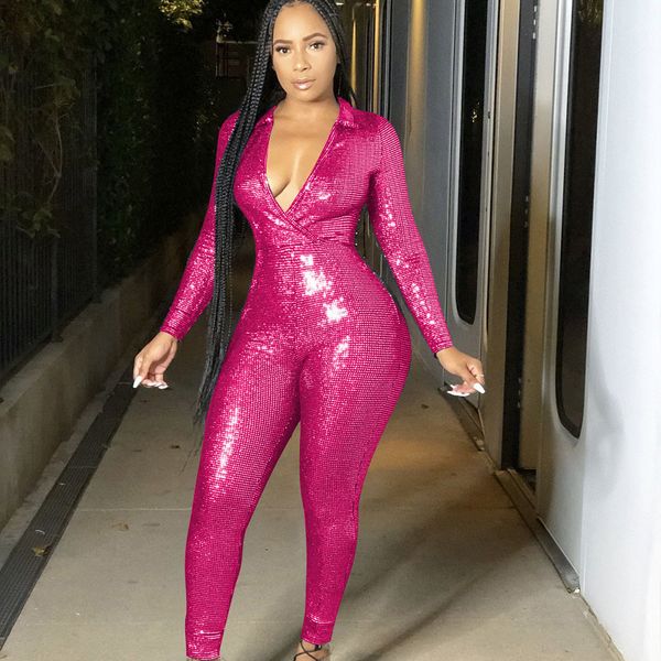 

glitter jumpsuit women clubwear overalls long sleeve deep v-neck sparkly party one piece jumpsuit bodycon romper christmas, Black;white