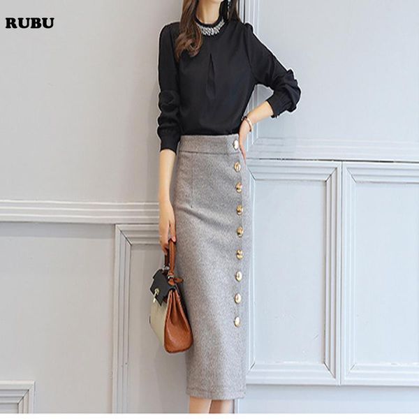 

skirts 2021 woolen autumn winter plus size a line midi wool skirt with button mujer women high waist long maxi pencil, Black