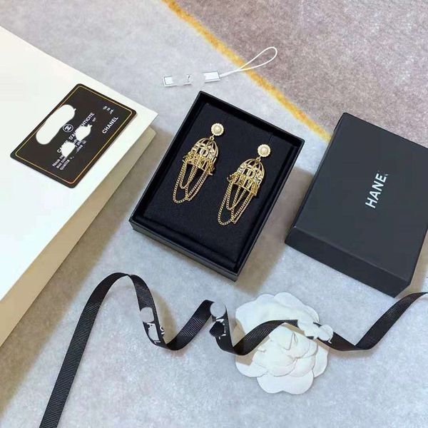 

charms new bird cage tassel earrings light gold brass combined with crystal radian hollowed out design letters, Golden