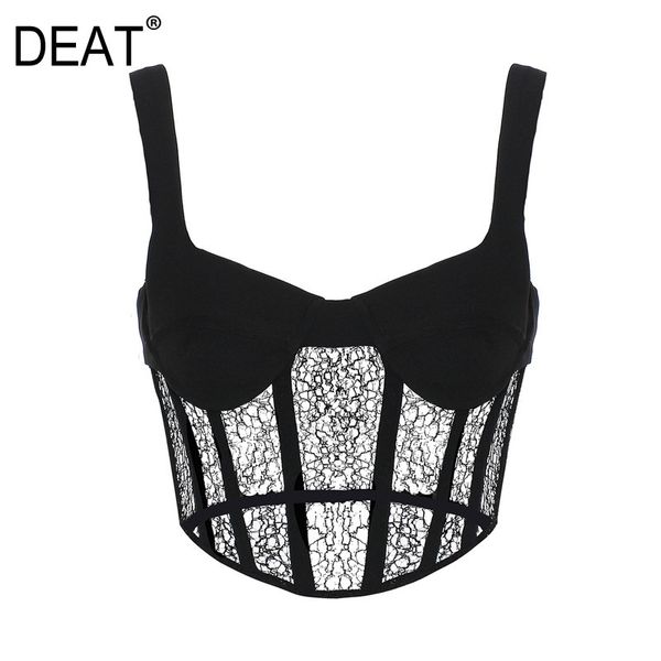 Moda Sexy Mulheres V-Pescoço Correias Lace Hollow Out Top Curto Feminino Zíperes Bra Bust 210421