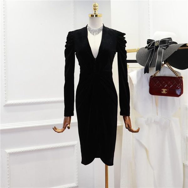 

casual dresses stretch velour dress woman 2021 spring deep-v neck high waist split velvet ladies party vestido, Black;gray
