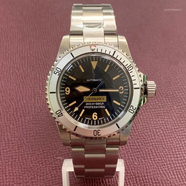 

automatic watch vintage acrylic semicircle 39.5mm 1960 japan nh35 movement stainless steel strap green luminous wristwatches, Slivery;brown