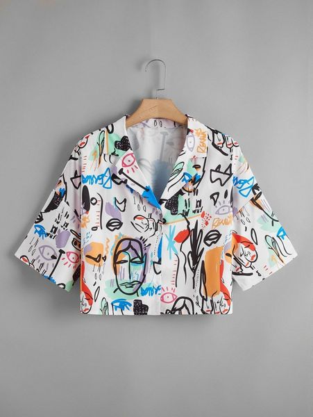 

plus abstract figure print lapel neck crop blouse 276e#, Black