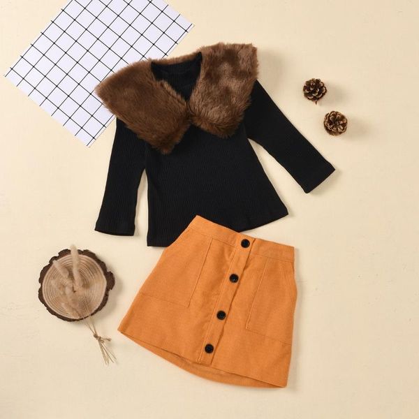 

clothing sets children kids girl baby clothes set suit sweater solid long sleeve fur collar slim skirt pocket autumn winter girls 2-7y, White