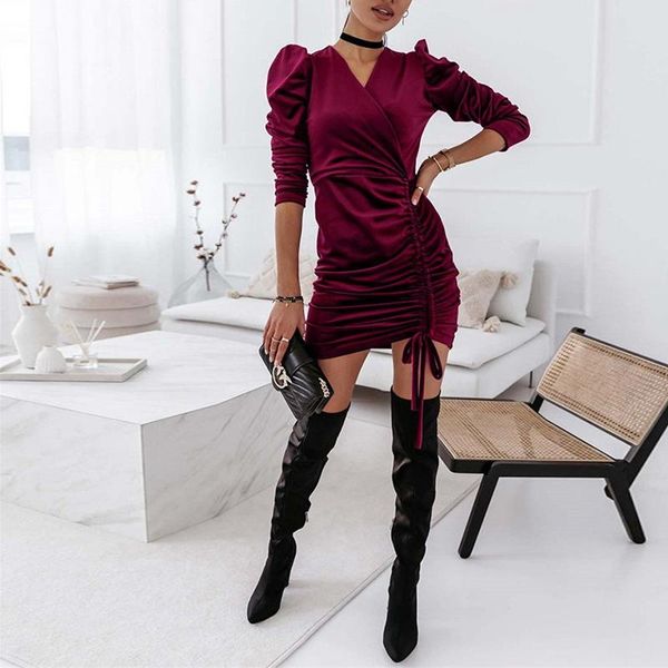 

casual dresses autumn velvet drawstring v-neck dress women long puff sleeve 2021 bodycon mini elegant party winter soild vestidos, Black;gray