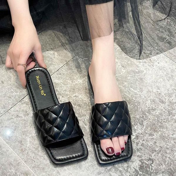 

rimocy 2021 women soft pu leather beach slippers comfortable flat heel woven flip flops woman summer open toe casual footwear, Black