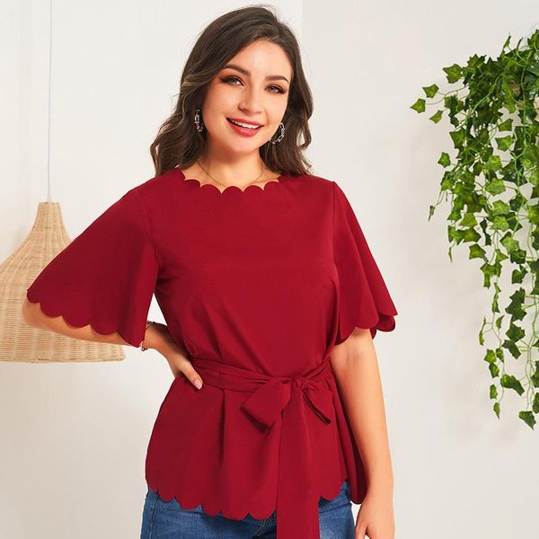 

women's blouses & shirts 2021 summer t-shirts wine red sweet petal collar bow tie sashes flared sleeves high waist elegant clothes, White