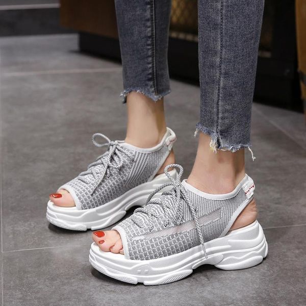 

platform sandals women shoes peep toe summer breathable mesh thick sole silver black zapatos mujer