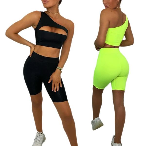 

women's tracksuits women 2 piece casual solid color one shoulder cut out crop tank + tight short pant sport fitness tracksuit sets, Gray
