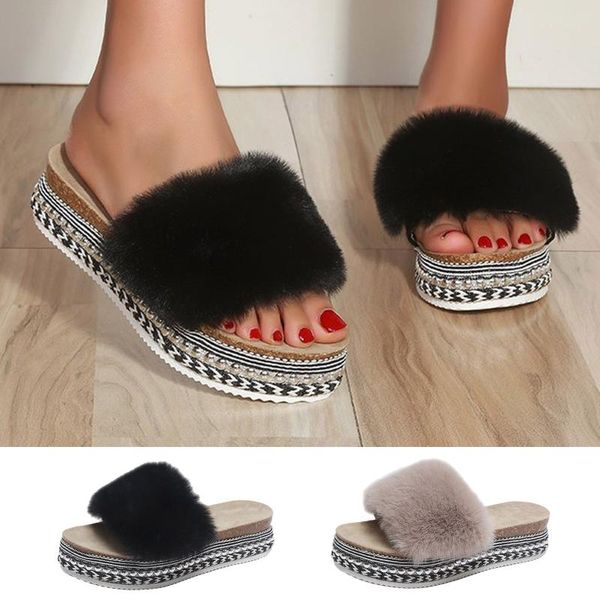 

slippers women furry summer slipper casual shoes breathable slip-on outdoor slugged bottom female fashion drop 2021 r5, Black