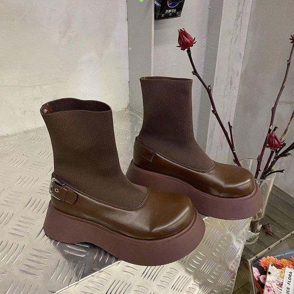 

boots brand ladies solid slip platform ankle women thick bottom cool shoes woman, Black