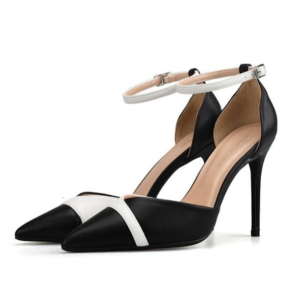 

sandals summer thin high heels women split leather ankle strap party shoes black white mixed j0047 znuc