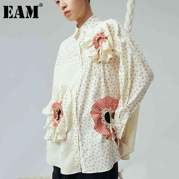 

[eam] women yellow hollow out floral big size blouse lapel long sleeve loose fit shirt fashion spring autumn 1dd6229 21512, White