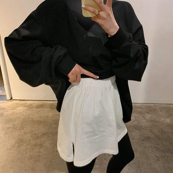 

skirts korean womens a-line flared curved fake false hem button down solid color elastic waist detachable short skirt decorative, Black
