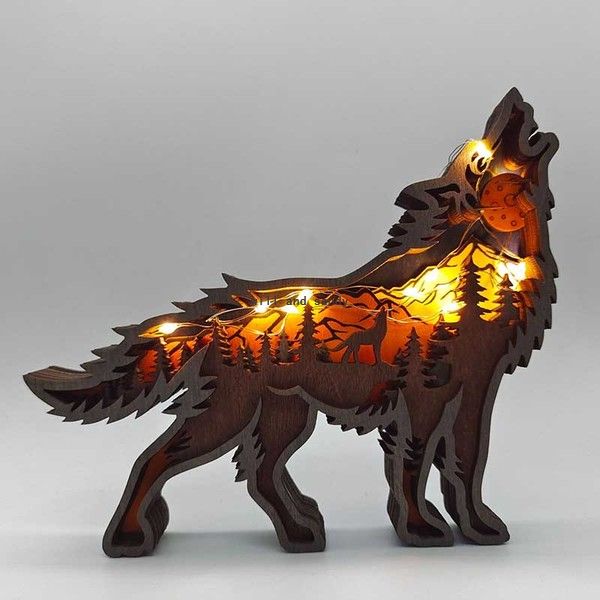 Howl Wolf Artigianato Scultura Figurine Tagliato al laser Materiale di legno Decorazioni per la casa Regalo Artigianato d'arte Decorazione della tavola degli animali della foresta Statue di lupi Ornamenti Decorazione della stanza