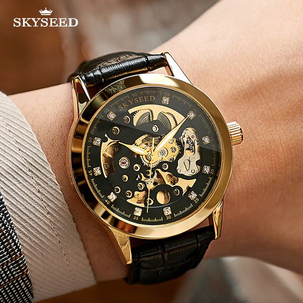 

td6125-1 tiandai watch flywheel sun moon gold hollow out dial sapphire mirror 41mm business fashion belt waterproof men's automatic mec, Slivery;brown